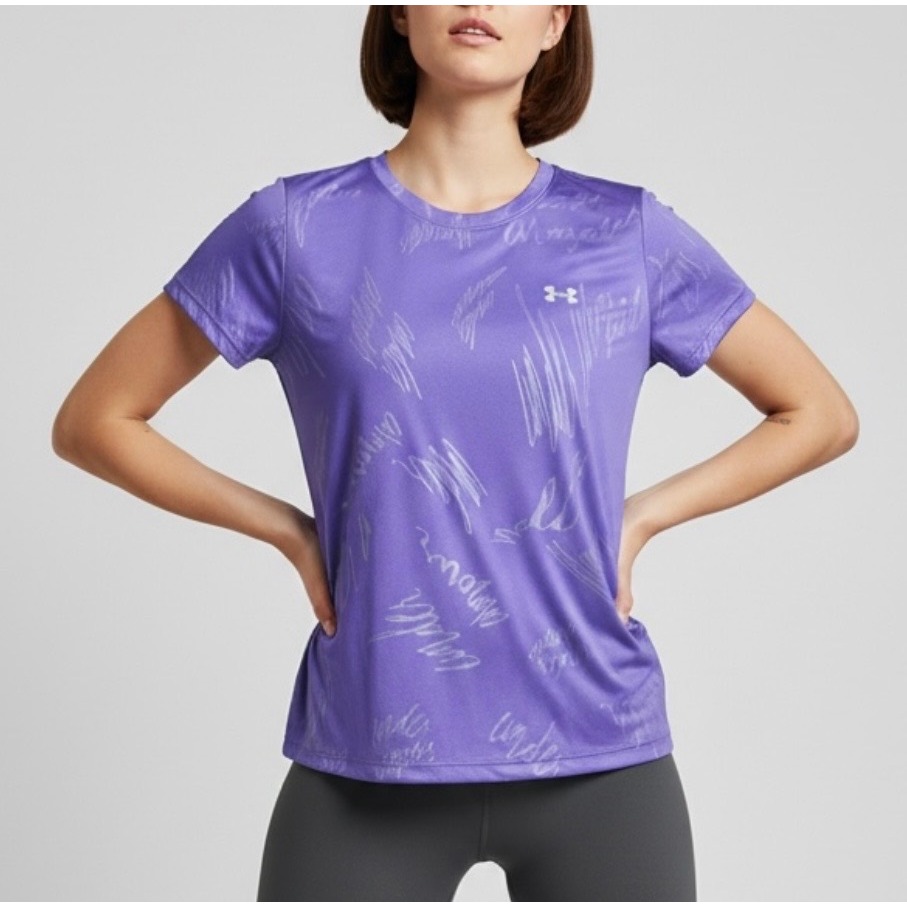 Under Armour Womens Purple Heatgear Script Graphic T-Shirt Active Fit Sm Used